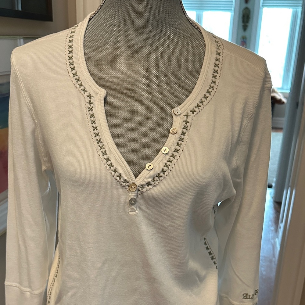Alp N Rock White Henley Embroidered Button-Front Long Sleeve Top - XL